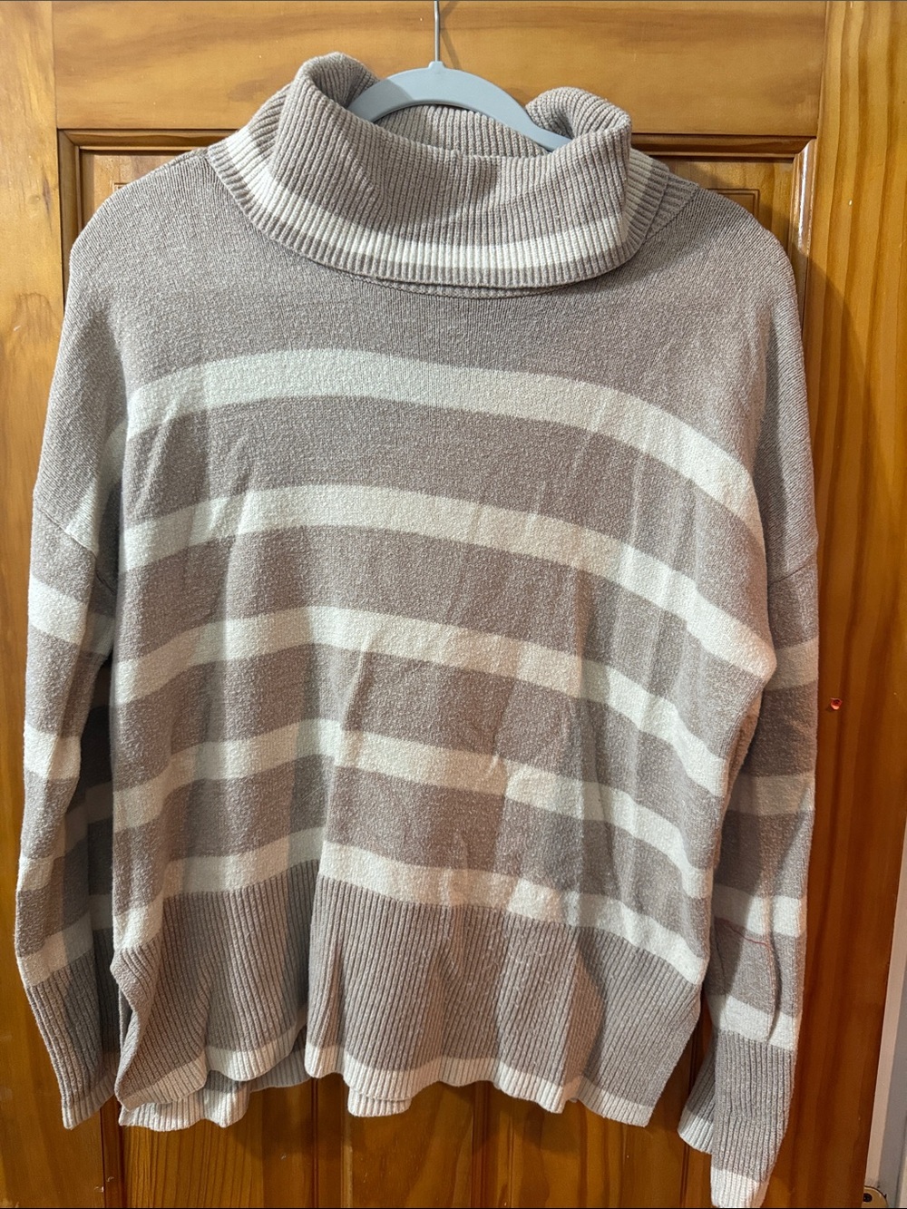 Luxe Taupe and Cream Striped Turtleneck Sweater